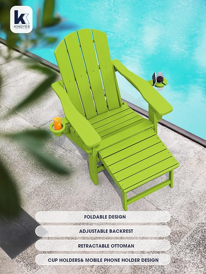 KINGYES Folding Adjustable Adirondack Chair with Ottoman Set of 4, HDPE Adirondack Recliner Chair with Footrest, Apple