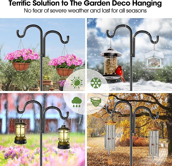 Double Shepherds Hooks for Outdoor,92" Heavy Duty Bird Feeder Pole with 5 Prong Base, Adjustable Shepherds Hook for Bird feeders Outside, Garden, Weddings, Hanging Plants, 1 Pack, Black