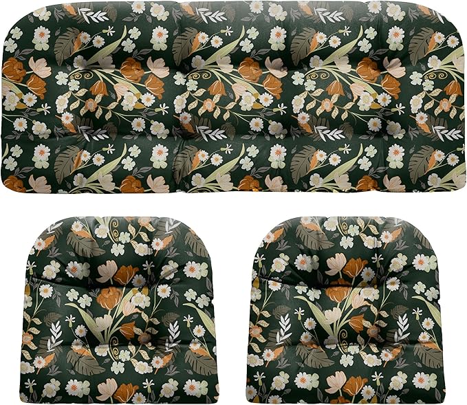 Wicker Chair Cushions, Waterproof Outdoor Loveseat Cushions for Patio Furniture, Tufted Wicker Furniture Cushions, 1 Loveseat and 2 U-Shaped Cushions (Black Floral)