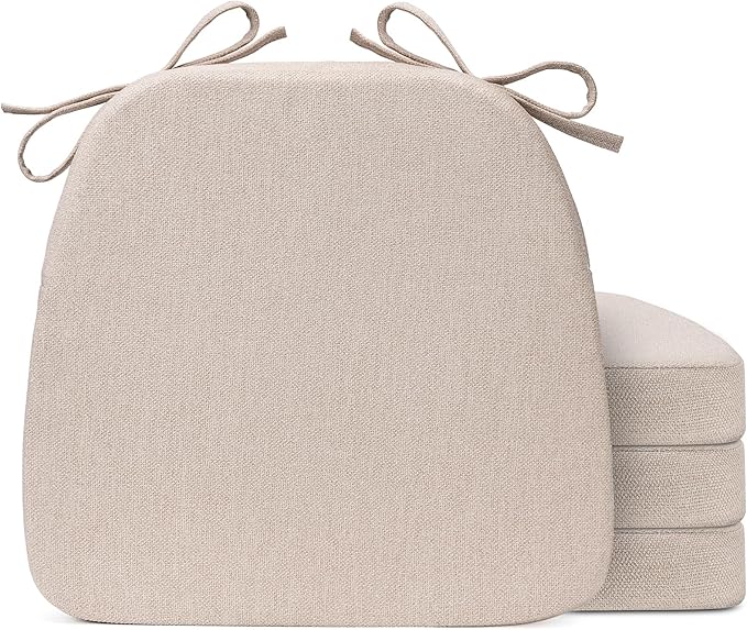 Chair Cushions for Dining Chairs, D-Shaped Seat Cushions with Removable Washable Cover and Ties, Chair Pads for Kitchen, Indoor Dining Room, Patio Chairs, 17'' x 16'', Set of 4, Beige