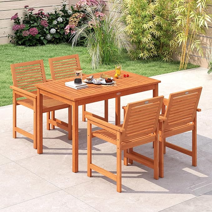Tangkula 5 Pieces Patio Wood Dining Set, Outdoor Rectangular Table and Chairs, Outside Furniture Set for Deck, Garden and Backyard
