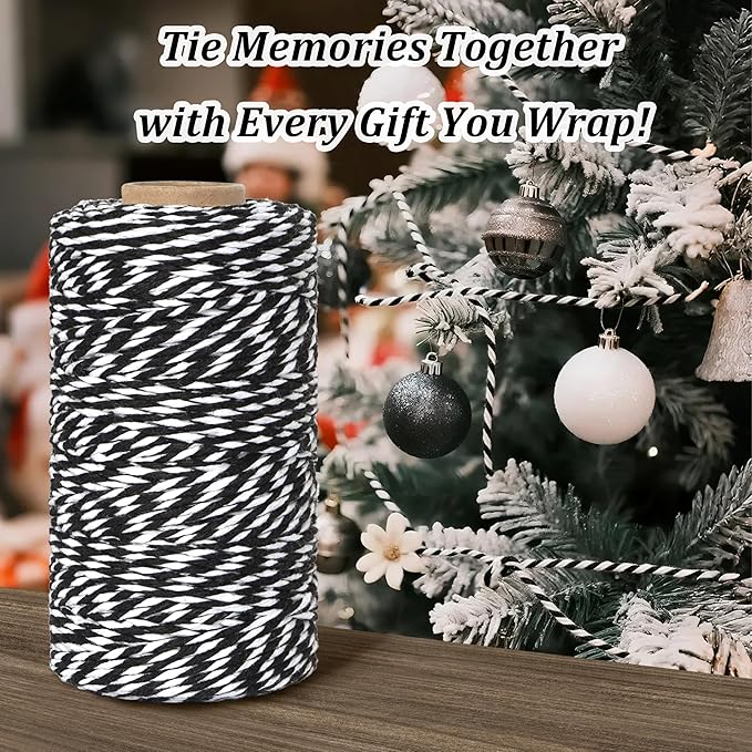 Cotton Twine String, 328 Feet Black & White - Christmas Twine for Gift Wrapping, Crafts, Baking, Butchers, Holiday Decorations, DIY, Kitchen & Gardening