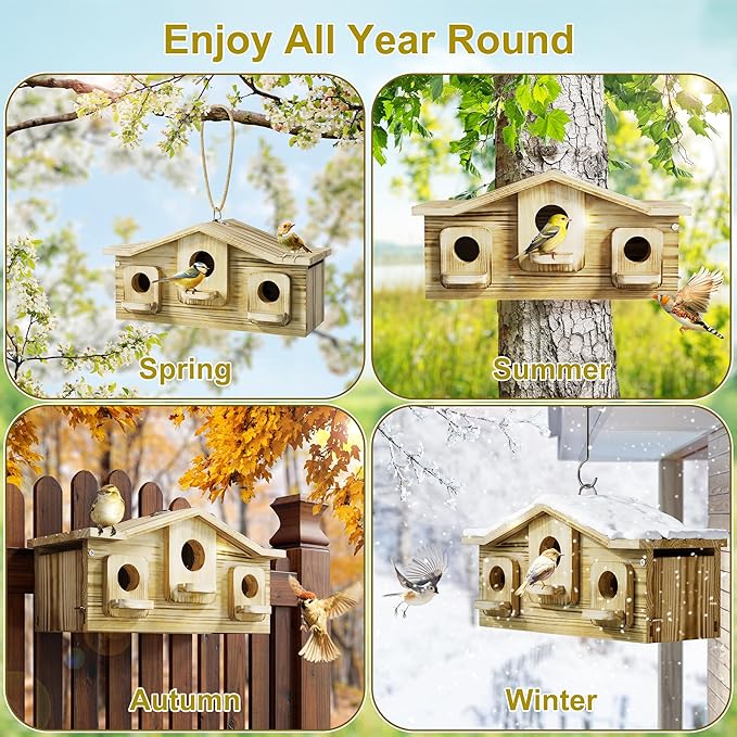 Auslar Bird House, Bird Houses for Outside for 3 Bird Families, Wooden Birdhouse for Outdoors, 3 Hole Hanging Bluebird House for Cardinals Finch Wren Swallow for Garden Viewing