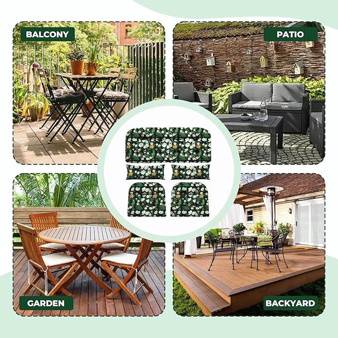 Wicker Chair Cushions of 5 Pieces, Waterproof Outdoor Loveseat Cushion for Wicker Furniture, 1 Love Seat Cushion, 2 U-Shape and 2 Lumbar Pillows for Patio Furniture (Green Flower)