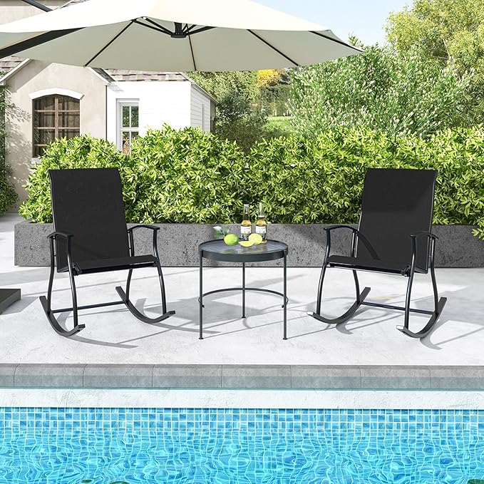 Giantex Outdoor Rocking Chair Set of 2 - Patio Rocking Chairs w/Breathable Backrest, Sturdy Metal Frame & Safe Ergonomic Design, Cozy Fabric Rocker for Backyard, Poolside, 330 lbs, Black