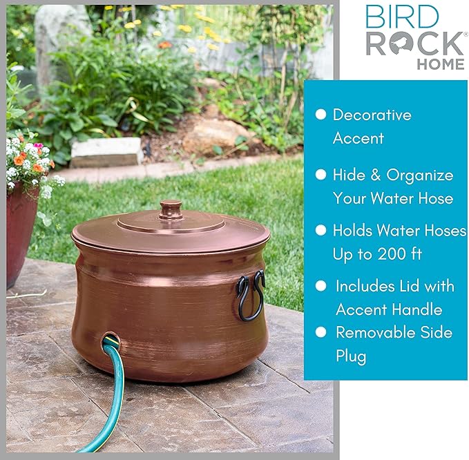BIRDROCK HOME Water Hose Holder - Decorative Metal Pot, Indoor or Outdoor, Garden Storage Organizer, Patio Portable Bucket - Antique Copper, Holds up to 200ft Hoses, Large with Lid