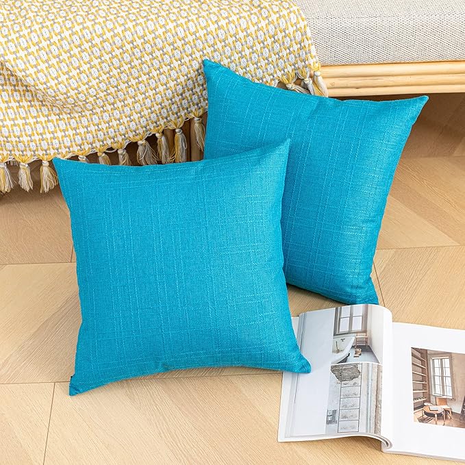 Kevin Textile Pack of 2 Decorative Outdoor Waterproof Pillow Covers Checkered Garden Cushion Sham Throw Pillowcase Shell for Patio Tent Couch 16x16 Inch Peacock Blue