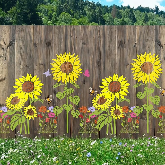 Large flower Stencils for Painting on Wood,Jumbo Sunflower Floral Butterfly Reusable Plastic Floral Templates for Outdoor Garden Walls, Fence, DIY Crafts, Canvas, Furniture Home Decor (8Pcs Sunflower)