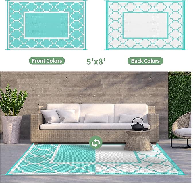GENIMO 5 ' x 8 ' Outdoor Rug for Patio Clearance, Waterproof Indoor Outdoor Plastic Straw Rugs Carpet, Reversible Outside Area Mat for Camping, Balcony Porch, Deck, Picnic, Beach Aqua Blue & White