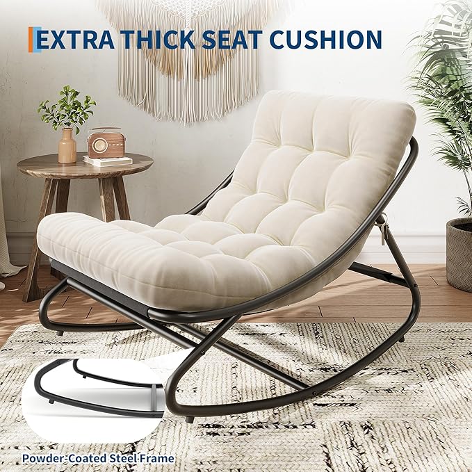 PeakPursuit Indoor Outdoor Papasan Rocking Chair with Cushion, Oversized Outdoor Rocking Chair, All Weather Rocking Papasan Chair for Bedroom/Living Room/Porch/Garden/Patio
