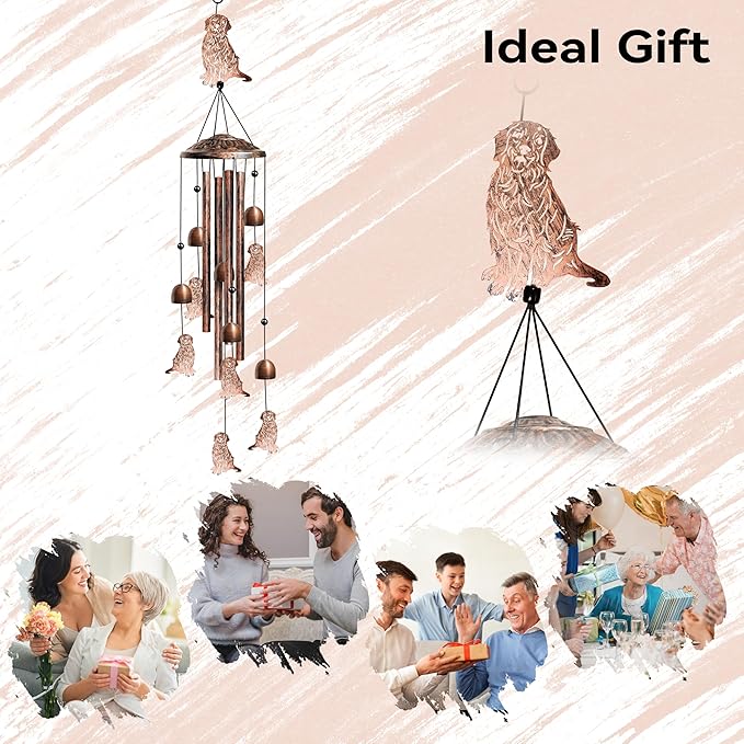 Golden Retriever Wind Chimes for Outside, Decorative Wind Chimes Golden Retriever Gifts for Women, Memorial Windchimes Outdoors with S Hook for Patio Garden Decor, Birthday Gifts for Mom (Copper)