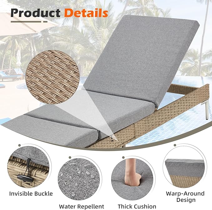 HOMREST Outdoor Chaise Lounge Chair Set of 4, Patio Wicker Lounge Chairs with Adjustable Backrest, Rattan Pool Sunbathing Chaiser Suitable for Garden,Porch,Grey