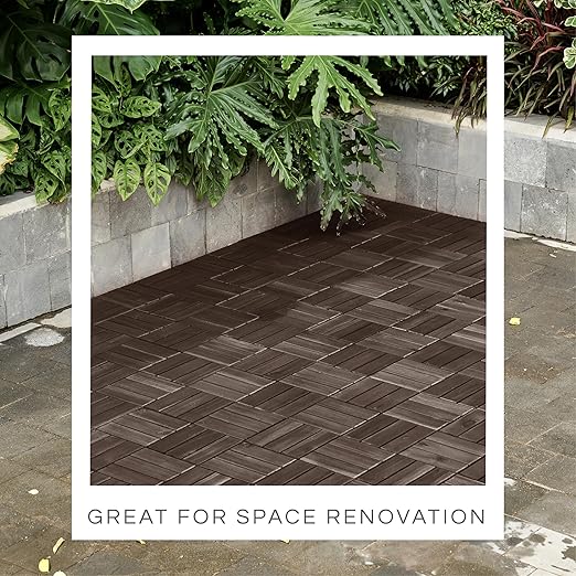 10 Pcs Deck Tiles, Patio Flooring - Outdoor Waterproof Acacia Wood Tiles for All Weather Use - Balcony, Backyard, Indoor & Outdoor (Espresso Crossed Pattern, 10 Square Ft)