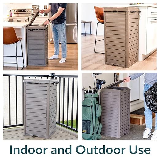 Sunnydaze 39-Gallon Patio Trash Can with Lid - Outdoor Garbage Can with Built-in Drip Tray - Weather-Resistant Resin - Light Gray