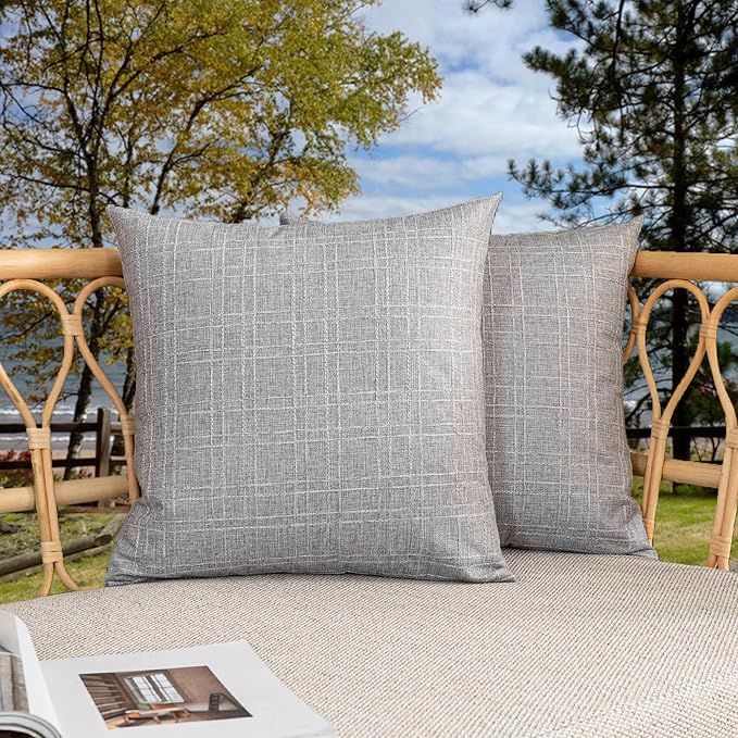 Kevin Textile Pack of 2 Decorative Outdoor Waterproof Throw Pillow Covers Checkered Pillowcases Classic Cushion Cases for Patio Couch Bench 16 x 16 Inch Grey