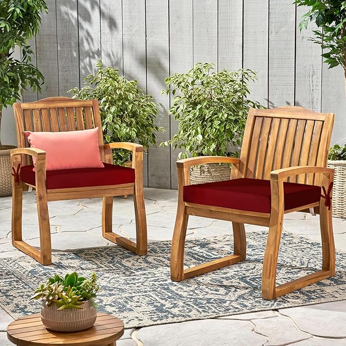 Waterproof Outdoor Chair Cushions Set of 2, Square Outdoor Seat Cushions with Ties and Removable Covers, 22 x 22 Outdoor Cushions for Patio Furniture with Portable Handle(Burgundy)
