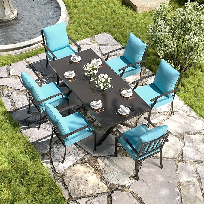 Kullavik 7 PCS Outdoor Dining Table Set for 6,Fence Pattern Back Chairs,Iron Longboard X-Leg Table w/Parasol Hole,Patio Furniture Set for Backyard,Garden,Poolside-Blue