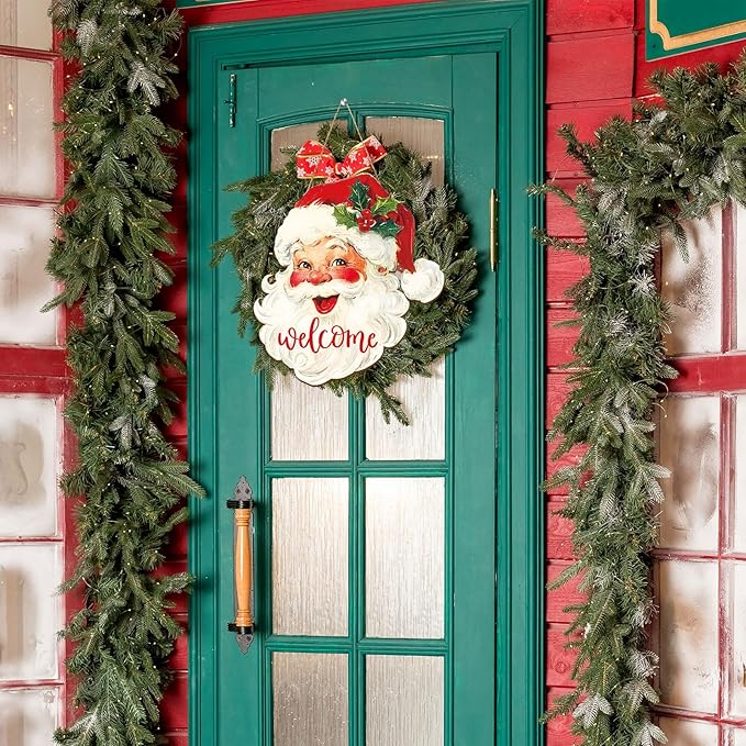 Whaline Christmas Wooden Hanging Sign Red Xmas Santa Welcome Wood Sign Vintage Santa Door Decor Signs for Indoor Outdoor Porch Wall