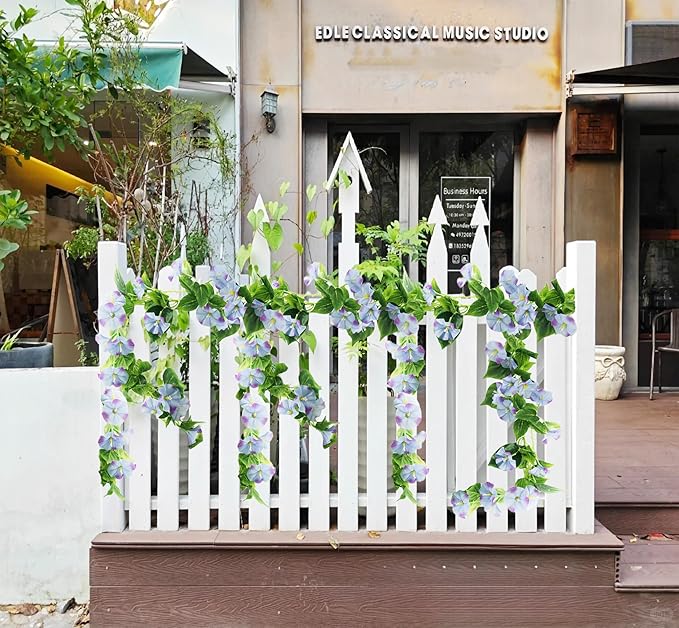FERIAL Artificial Vines 15Feet Silk Flower Garland for Outdoors Blue Morning Glory Vine Artificial Flowers Hanging Plants Garland Fake Green Plant 2Pcs for Wall Fence Indoor Wedding Banquet Decor