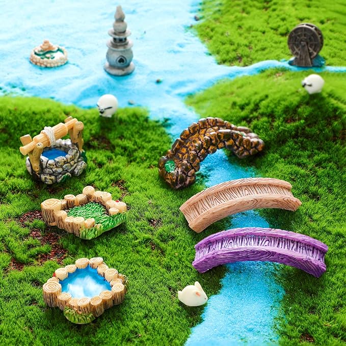 Jetec 12 Pcs Mini Fairy Garden Accessories Miniature Tiny Stone Bridge Mini Pond Lighthouse Water Well Waterwheel Figurines Resin Ornaments for DIY Craft, Lawn Pond Decor