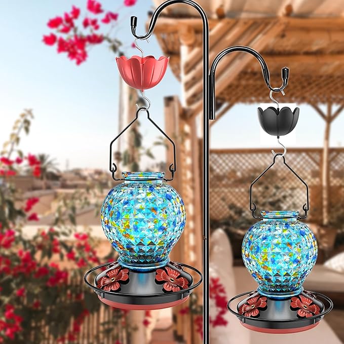 Hummingbird Feeder, Glass Hummingbird Feeder for Outdoors, Vibrant Colors Attract Hummingbirds, 18 Ounces, Diamond Ball Shape Bottle