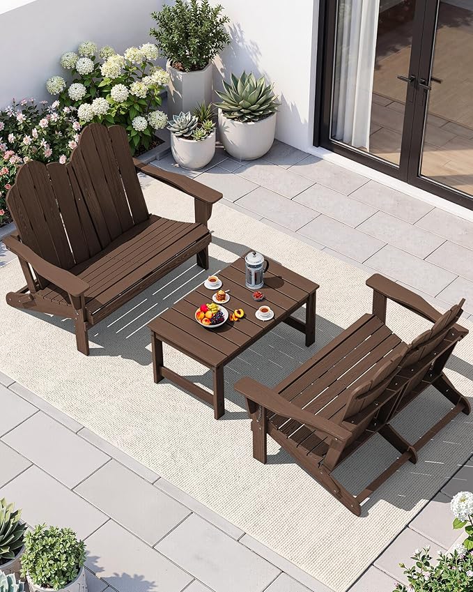 SERWALL 3 Pieces Patio Adirondack Bench Set, 2 Folding Adirondack Bench & 1 Coffee Table with Umbrella Hole Set for Front Porch Garden Balcony Backyard, Coffee
