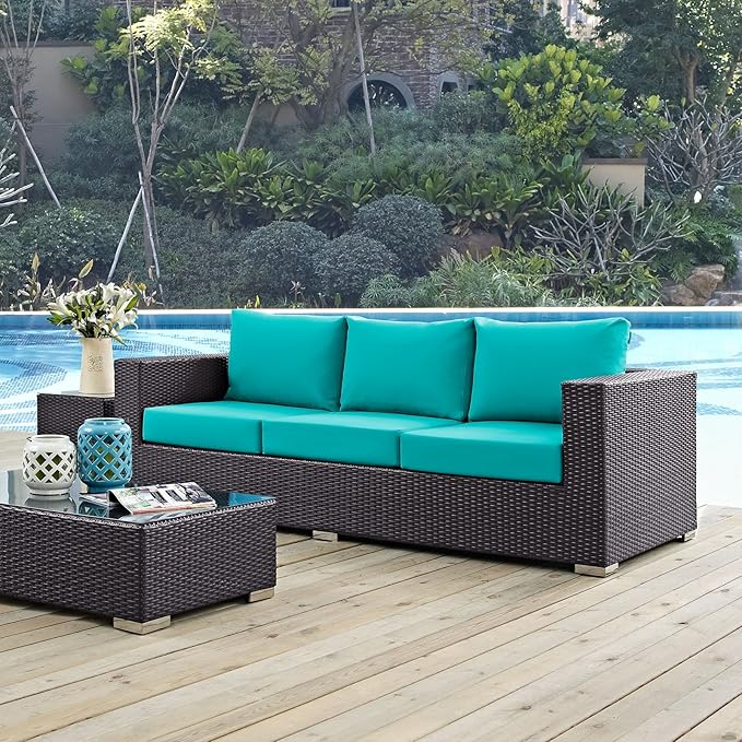 Modway Convene Wicker Rattan Outdoor Patio Sofa in Espresso Turquoise