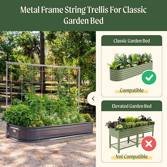 Vego Garden Metal Frame Tomato Trellis, Garden Trellis for Climbing Plants Like Cucumber Beans Tomatoes & Vines, 5.0ft Long Metal Trellis for Raised Garden Beds