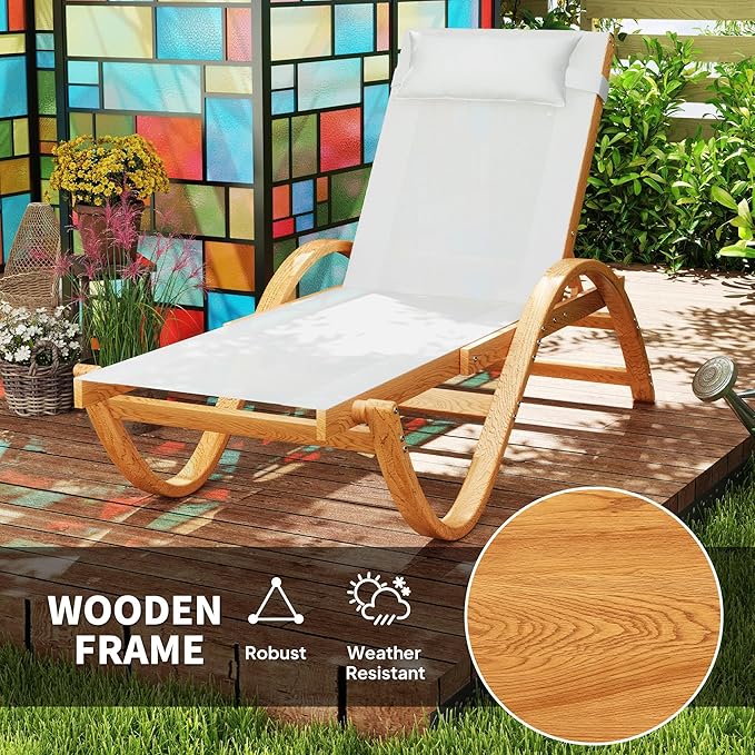 Outsunny Larch Wood Lounge Chair, 4-Level Adjustable Tanning Chair, Full Flat Patio Lounger with Mesh Seat, Outdoor Sun Chaise for Patio Beach, Cream White