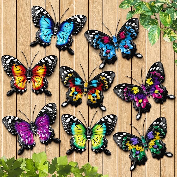 8 Pack Metal Butterfly Wall Decor, 6.7" 3D Outdoor Fence Wall Art Decor, Butterflies Wall Sculpture Hanging Decorations for Garden Yard Living Room Bedroom Patio Balcony, Gifts for Mom Friends