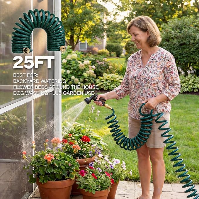 Coil Garden Hose for Outdoor Use: 25FT Self Retracting Spiral Water Hose with Solid Brass Fittings - Lightweight and Corrosion Resistant for Car Washing & Driveway Rinsing