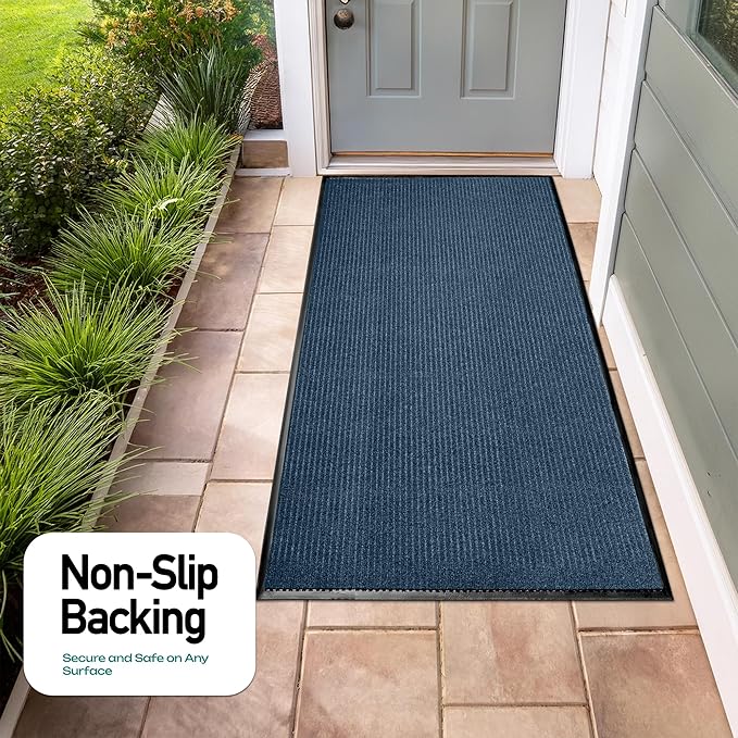 LuxUrux Premium Rubber Door Mat - Heavy-Duty, Waterproof, Easy-to-Clean, Low-Profile (2 x 6 Feet) - Indoor/Outdoor Doormat for Entry, Patio, Garage - Stylish Striped Blue Design