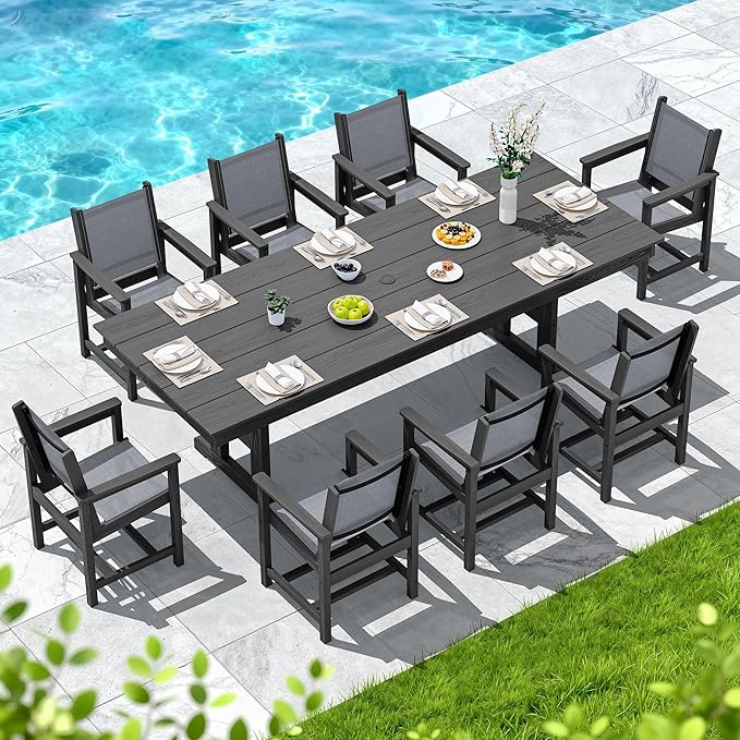 SERWALL 9 Piece Outdoor Dining Set, 84" HDPE Outdoor Table and Chairs for 8，All Weather Patio Furniture Set with Umbrella Hole for Backyard, Garden, Black