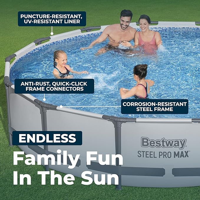 Bestway Steel Pro MAX 14' x 33" Round Above Ground Swimming Pool Set, 530 GPH Filter Pump, Tritech Puncture Resistant Liner, ClickConnect Steel Frame, Gray