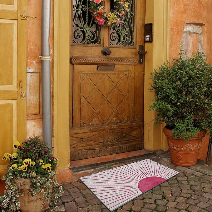 Nogrit Abstract Boho Sun Door Mat, Minimalist Pink Sunshine Sunray Doormat Bathmat for Indoor Outdoor Entrance, Mid Century Modern Boho Welcome Mats for Front Door Outside Porch Entryway, 17x30 Inches