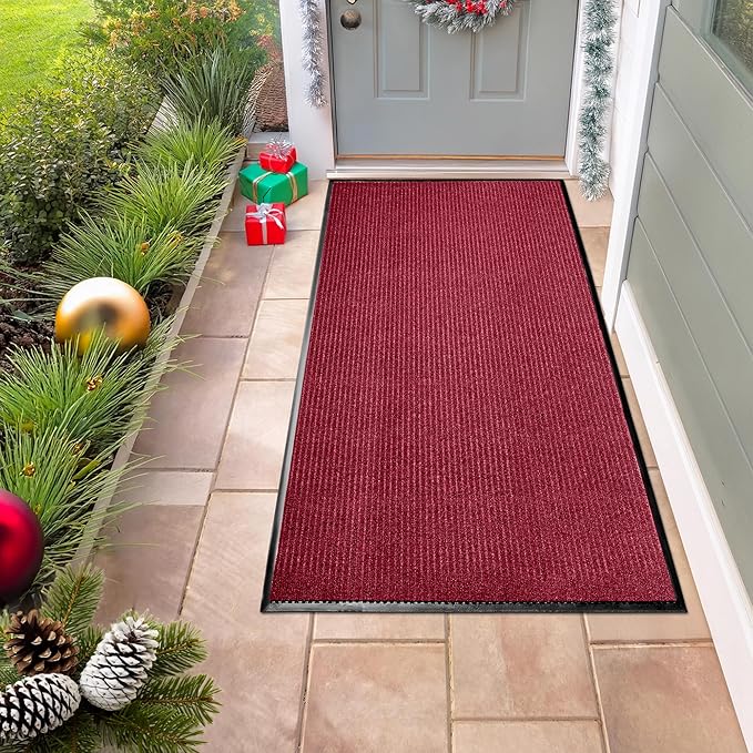 LuxUrux Durable Rubber Door Mat - Heavy Duty Doormat for Indoor/Outdoor Use - Easy to Clean, Waterproof, Low-Profile Entry Mat - Ideal for Entry, Patio, Garage - Striped Red Design (2 x 6 Feet)