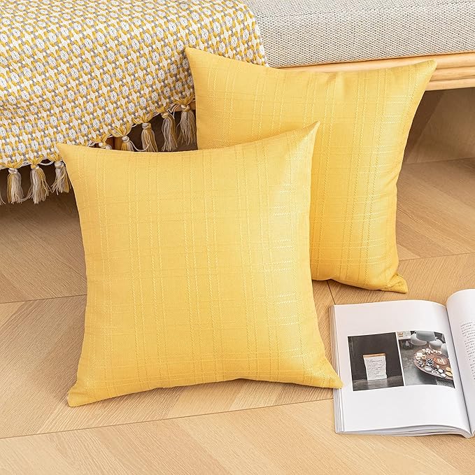 Kevin Textile Pack of 2 Outdoor Waterproof Throw Pillow Covers Decorative Farmhouse Checkered Square Solid Cushion Cases for Patio Garden Porch Sofa Yellow 18x18 inch