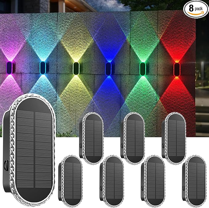 8PK Solar Fence Lights Outdoor - Solar Outdoor Light Warm White & RGB Lights for Outside Backyard, Patio, Deck Fence, Stair Handrail, Pool and Wall