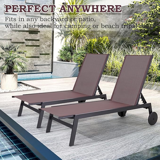 EROMMY Patio Chaise Lounge Chair Set of 2 with Table, Adjustable Backrest & Wheels, Waterproof Outdoor Poolside Recliners for Garden, Deck, Lawn, Backyard