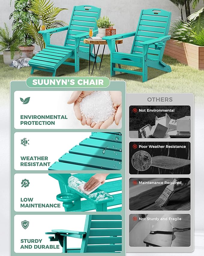 Folding Adirondack Chairs Set of 2,Adirondack Chair with Retractable Ottoman,Plastic Adirondack Chairs with 2 Cup Holder,Weather Resistant Patio Chair,Outdoor Chairs Set of 2(Lake Blue)