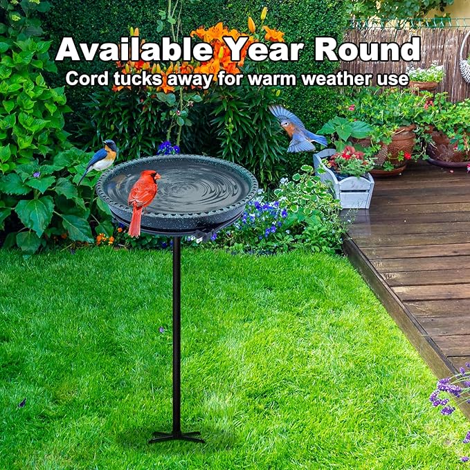BIRD WISH Heated Bird Bath, Stable 5-Prong Metal Base Thermostat Control Weather Resistance All Seasons Available 75W Heated Bird Baths for Outdoors for Winter Garden Yard Patio Lawn, Spotted Green