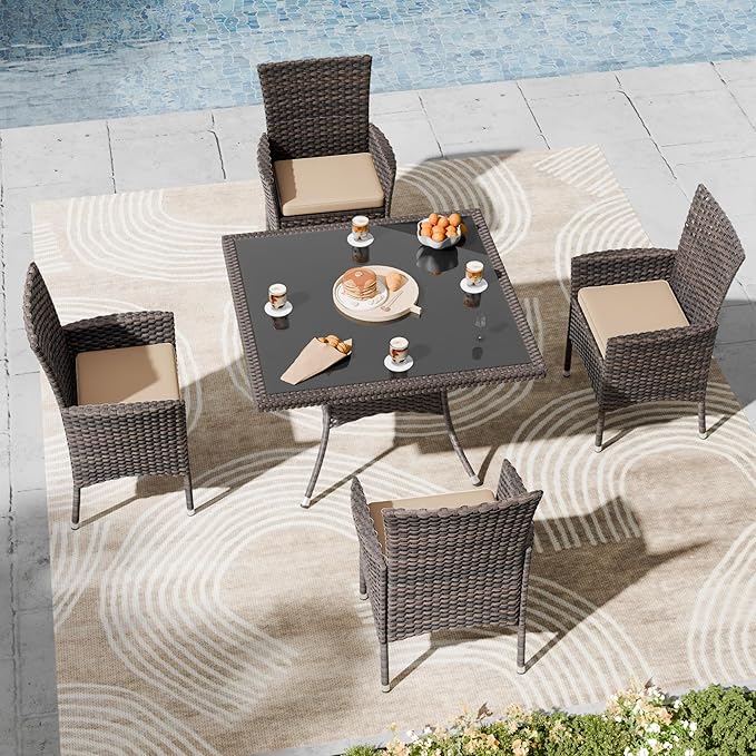 Kullavik 5-Piece Outdoor Dining Set Patio Rattan Furniture Set,Patio Dining Table and Chairs Set with 4 Chairs and Cushions,Square Glass Tabletop with Umbrella Hole for Patio,Sand