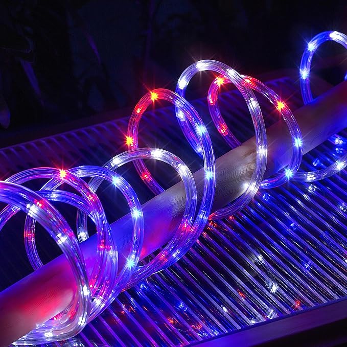 Waterproof LED Rope Lights, Connectable & Flexible with 8 Modes, Outdoor Lighting for Deck, Garden, Pool, Patio & Christmas Decor (Red/Blue/White, 50ft)