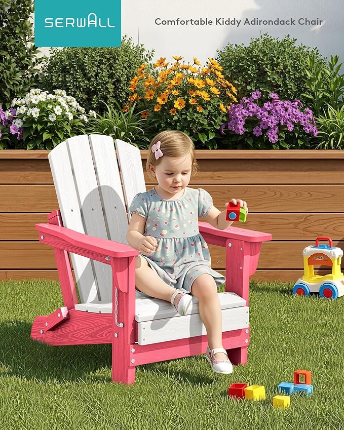 SERWALL Kids Adirondack Chair, HDPE Adirondack Chair for Children,All-Weather Resistant for Patio, Garden, Backyard - White and Light Pink