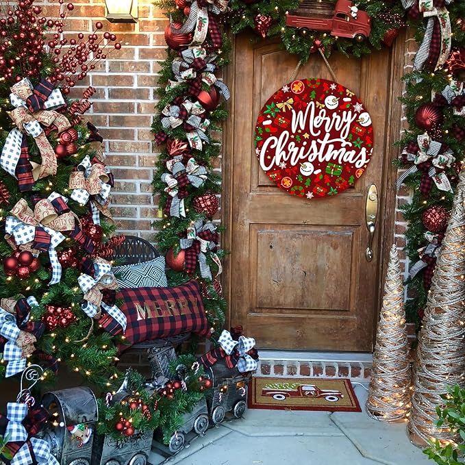 Merry Christmas Welcome Wooden Door Sign for Front Door Winter Christmas Door Hanger Xmas Holiday Hanging Wall Sign for Farmhouse Home Porch Outdoor Decorations