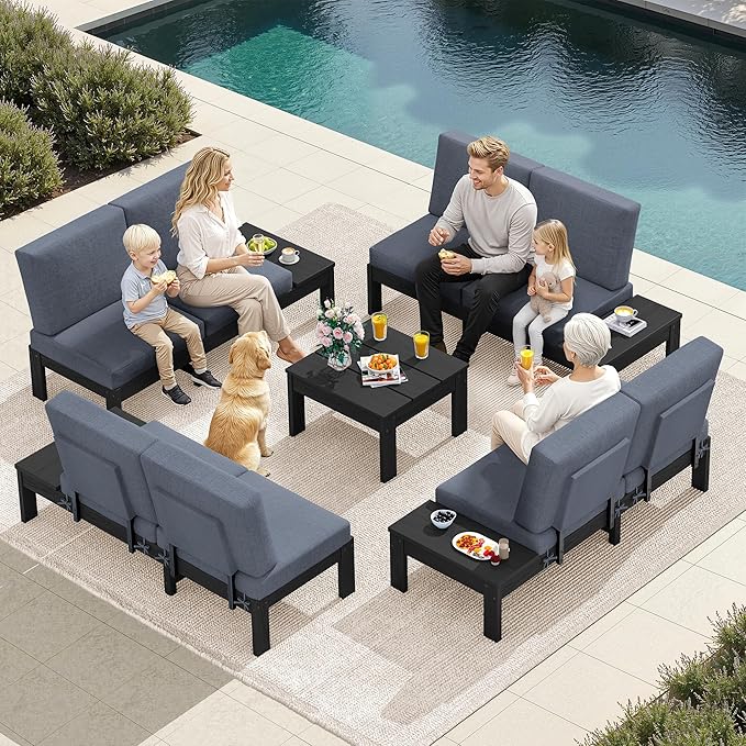 SERWALL HDPE Patio Furniture Set, 8 Seats Outdoor Sectional with Coffee Table, Outdoor Conversation Sets with Adjustable Backrest Sofa for Garden, Poolside, Black Frame with Grey Cushion
