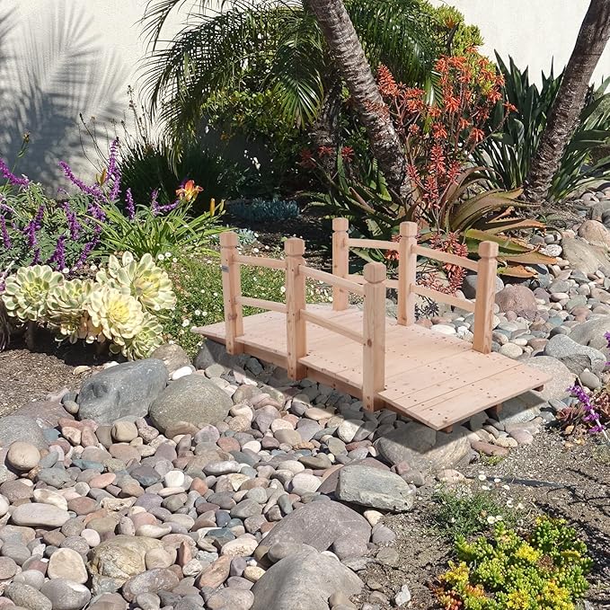 VINGLI 5 ft Garden Bridge, Classic Wooden Arch with Safety Rails Natural Finished Footbridge, Decorative Pond Landscaping, Backyard Creek or Farm