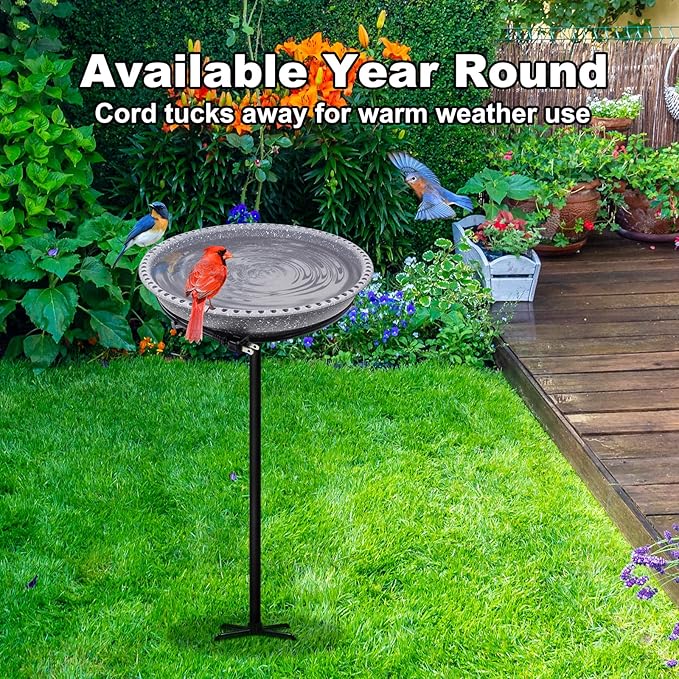 BIRD WISH Heated Bird Bath, Stable 5-Prong Metal Base Thermostat Control Weather Resistance All Seasons Available 75W Heated Bird Baths for Outdoors for Winter Garden Yard Patio Lawn, Spotted Grey
