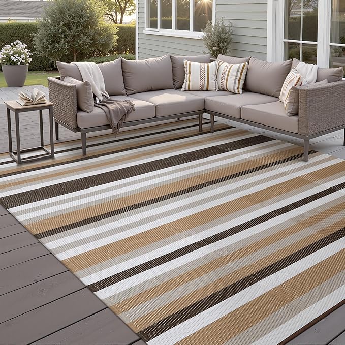 HUGEAR Outdoor Waterproof Rug 8'x10' Plastic Straw Rugs Washable Reversible Floor Mat Brown Stripe Carpet for Camping RV Deck Entryance Porch Picnic Balcony Beach Backyard