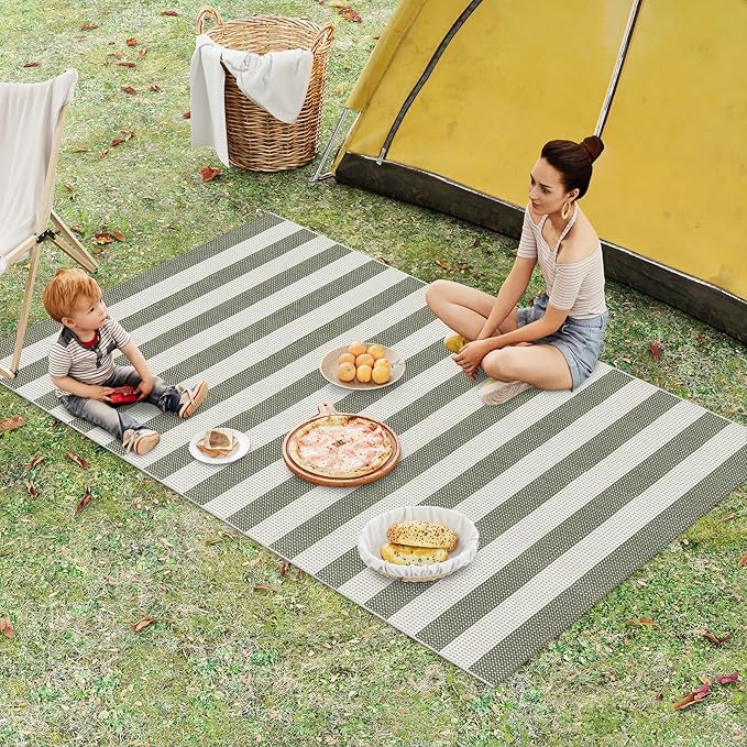 Green and White Striped Outdoor Rug 5x7, Washable Cotton Woven Patio Rug, Reversible Foldable Front Porch Decor Indoor Outdoor Rugs for Farmhouse/Living Room